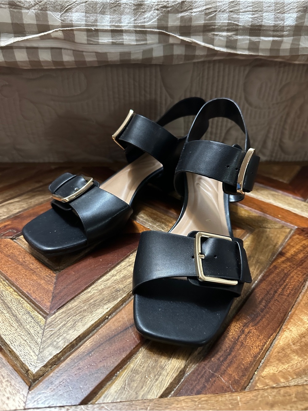 Wonderly Black Square-Toe Buckle Heels